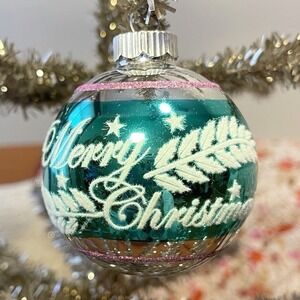 3" Radko Shiny Brite Stenciled Flocked Ornament Merry Christmas Teal Pink Silver